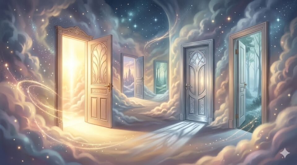 【夢占い】彼氏の夢の意味【場所・状況別】。神秘的な光に照らされた、複数の異なるドアが並ぶ夢の通路
