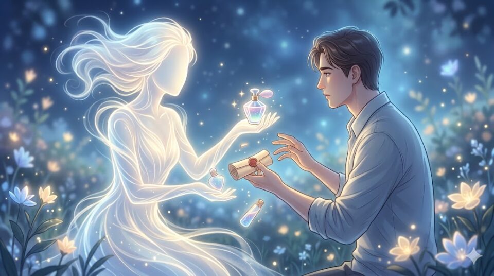 彼氏が浮気する夢における【相手】をテーマにした、幻想的な挿絵。