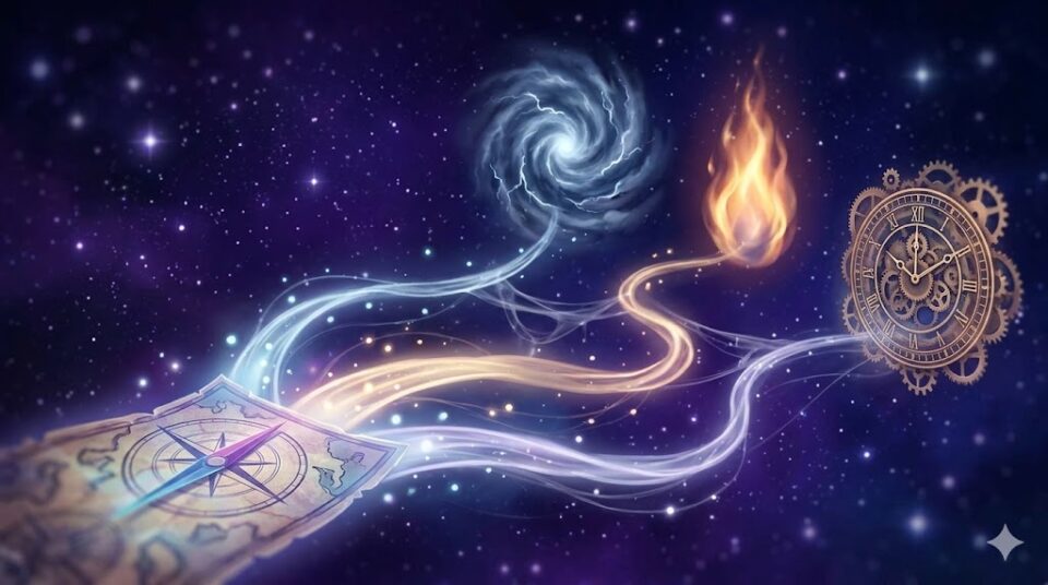 彼氏が死んだ【原因・死因】をテーマにした、幻想的な挿絵。夢の断片が浮かぶ宇宙のような空間