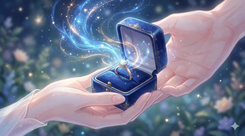 夢占い 結婚 プロポーズ 開いた指輪箱から溢れ出る魔法の光と差し出された手元の幻想的な静物画