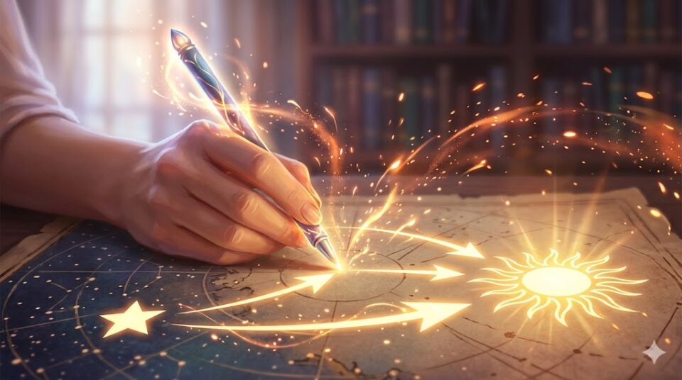 夢で彼氏にキスを求める能動的な行動を象徴する、光のペンで運命の地図を描く手元のイラスト