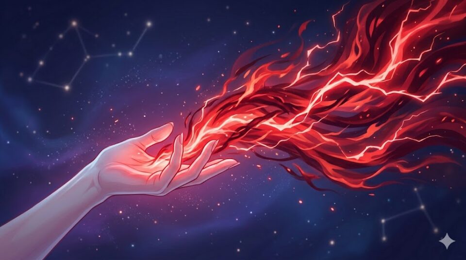 彼氏に怒る夢 シチュエーション 主体的な感情放出 幻想的なデジタルアート。手から放たれる激しい赤い炎と雷のようなエネルギー