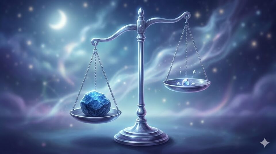 夢占い 好きな人に振られる夢 夢の後の不安定な感情を象徴する、重い石(不安)が小さな光(希望)を圧倒する不安定な天秤