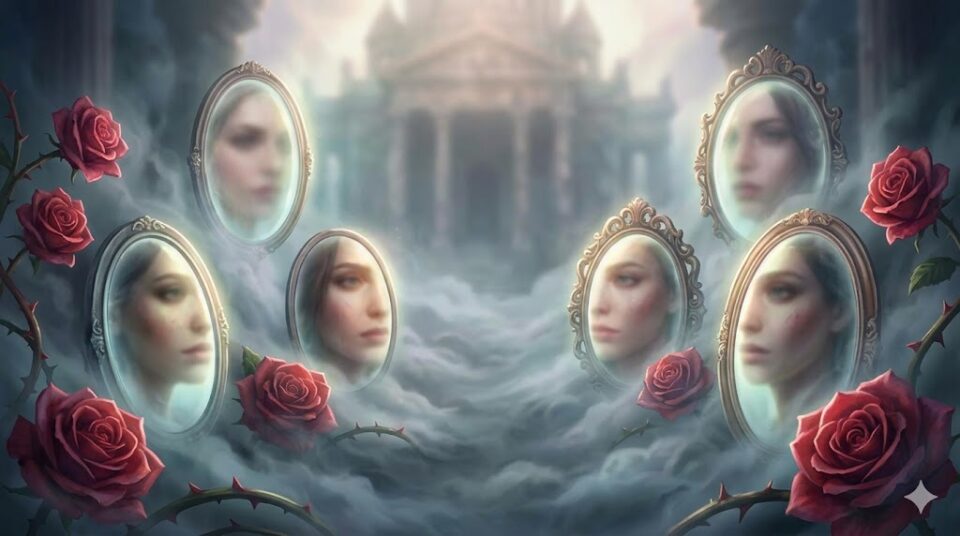 夢占い 鏡 女性 特徴 幻想的なデジタルアート 霧の中の複数の鏡とぼんやりとした女性の顔、赤い花びら