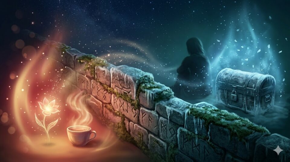 夢占い 彼氏 冷たい シチュエーション 態度 古い石壁で隔てられた、温かい光と冷たい静寂の対比を描いた幻想的なイラスト。