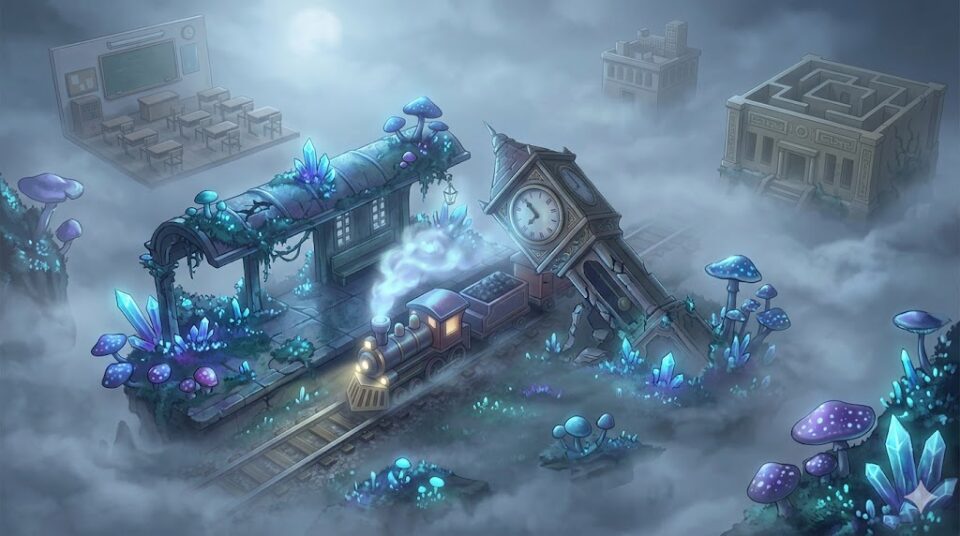 遅刻の夢の意味【場所・状況別】 霧の中にたたずむ幻想的な駅とミニチュアの電車