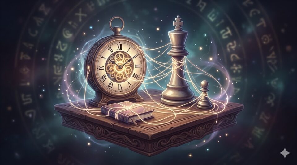 夢占い 上司と話す夢 象徴 上司の特徴・関係性 チェスの王 時計 ノートを光の糸で結ぶ静物画