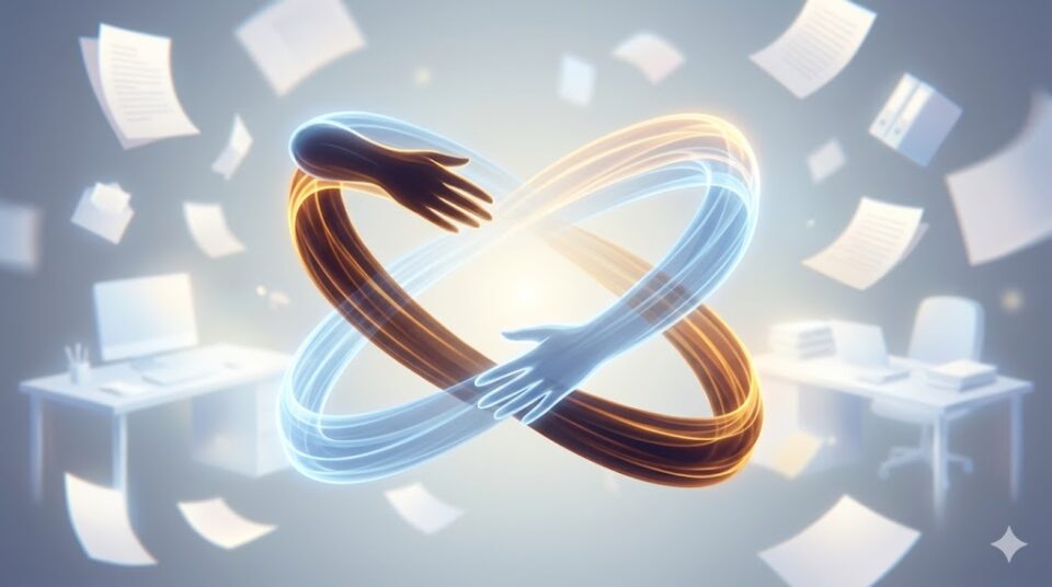 夢占い 上司に抱きしめられる夢 象徴 シチュエーション ハグの仕方 幻想的な光の腕の interweaving 概念図