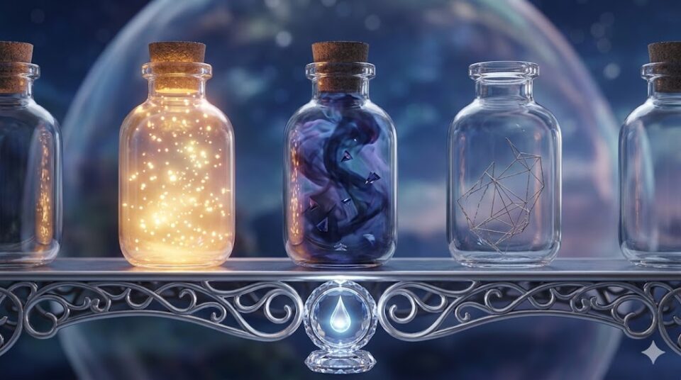 夢占い 好きな人と付き合う夢 目覚めの感情を象徴する、幸福感、焦燥感、虚無感を表す3本のガラス瓶