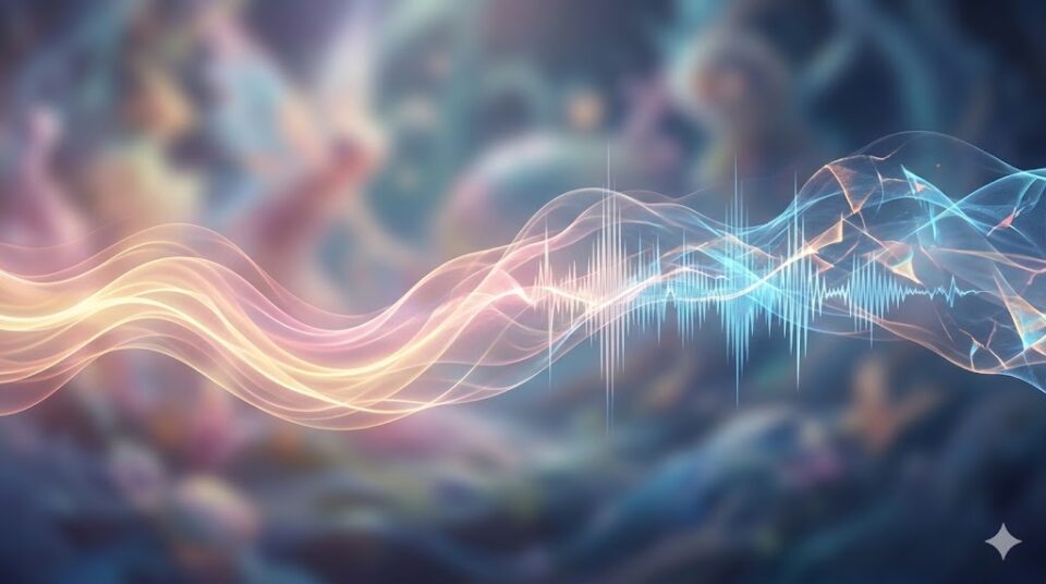 「感情や違和感」を、光る会話の波形が滑らかさと歪みを見せる様子で表現