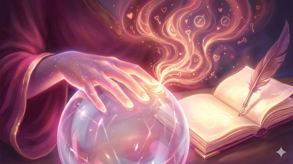 好きな人とくっつく夢 夢占い 接触面から立ち上る光る感情(ハート、鍵、羅針盤)の魔法デジタルアート