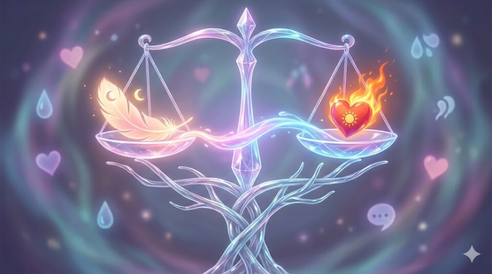 キスの状況や感触から深層心理を読み解く様子を象徴する、感情の重さを測る幻想的な天秤と光の羽のデジタルアート。