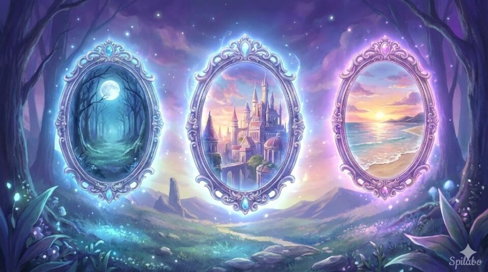夢占い 付き合う夢場所 状況別 魔法の鏡に映る森と城と海のイラスト