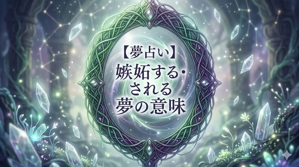 【夢占い】嫉妬する・される夢の意味。絡み合った緑と紫の糸、そして緑色の光を放つ宝石