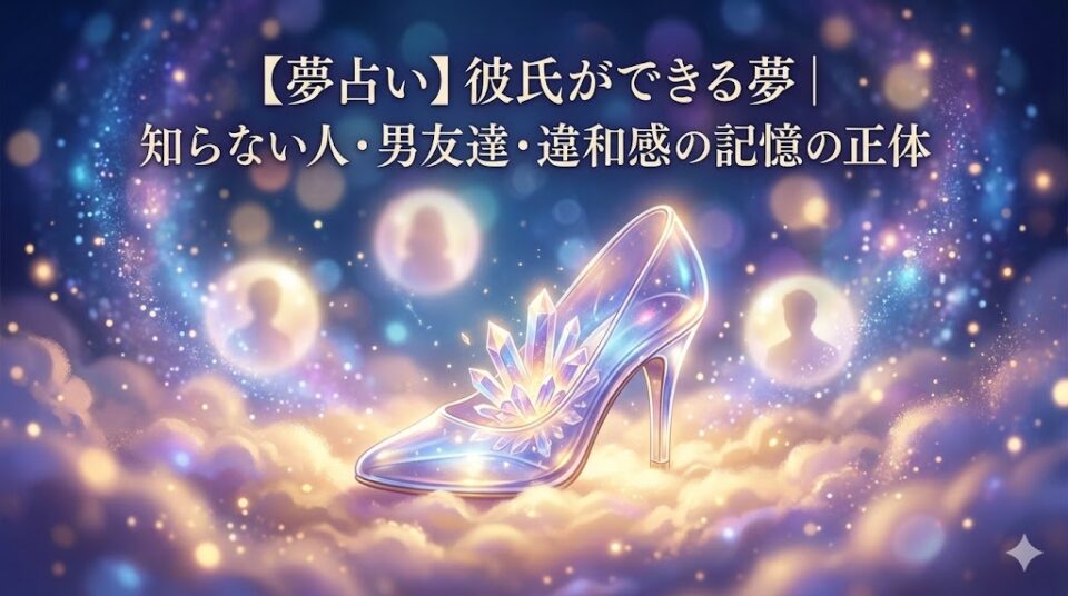 【夢占い】彼氏ができる夢 幻想的なガラスの靴と光のオーブのイラスト