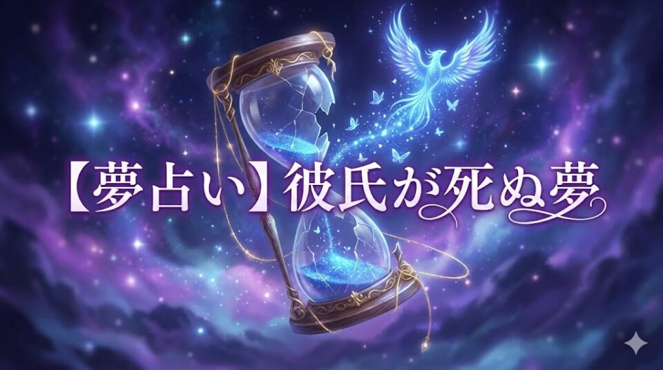 【夢占い】彼氏が死ぬ夢をテーマにした、幻想的なタイポグラフィ付きアイキャッチ画像。