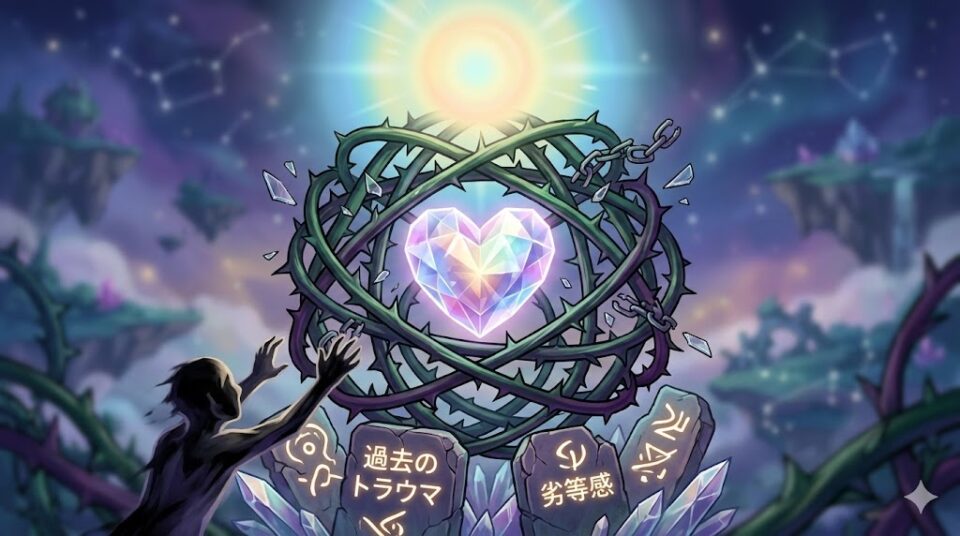 【原因・対象別】嫉妬の夢の意味。嫉妬の対象(光)と、劣等感・不安・過去のトラウマを象徴する緑色の毒々しい蔦やガラスの檻