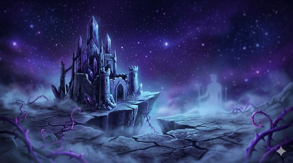 彼氏が死んだ【シチュエーション・場所】を描いた、幻想的なイラスト。暗いクリスタルでできた崩壊した城