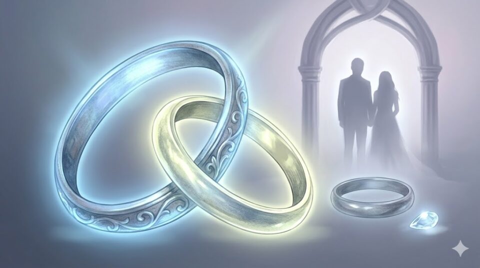 夢占い 結婚 他の女性と結婚する夢 彼氏の指輪が別の指輪と重なり合い、あなたの指輪が離れて悲しみの光を放つ概念図