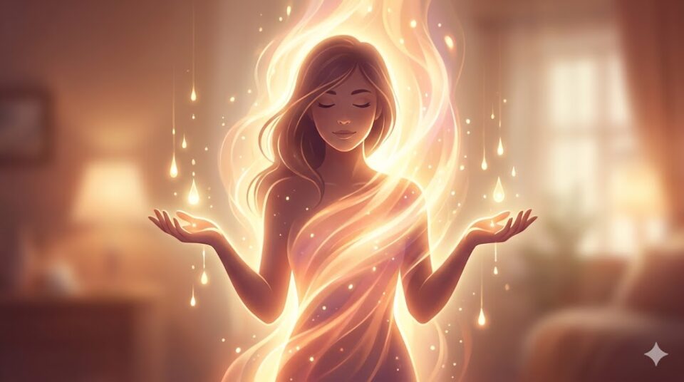 彼氏からキスされる受動的な受け入れを象徴する、光のエネルギーに包まれた女性のイラスト