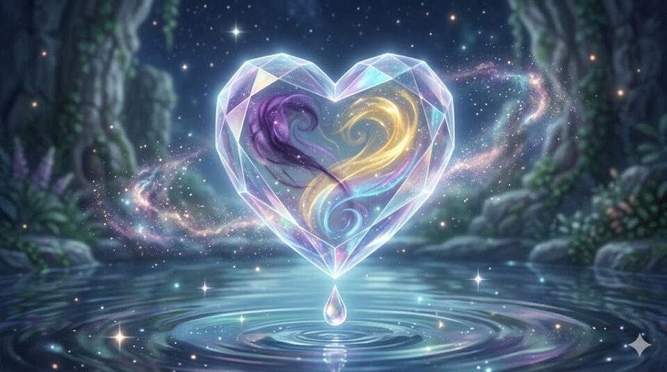 知らない人が彼氏 感情 幻想的なデジタルアート。美しい、大きなクリスタルのハートが、穏やかな月光に照らされた宇宙のプール