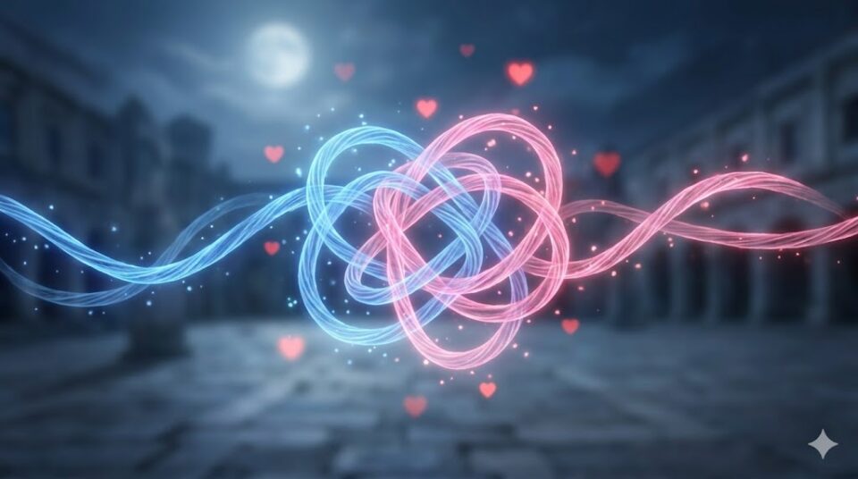 夢占い 糸玉 イチャイチャ 行動 幻想的なデジタルアート 絡み合った異なる色の糸玉と小さなハート、渦巻く光