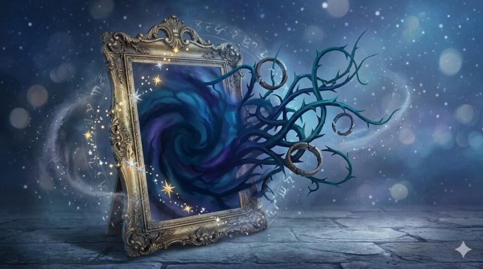 夢占い 彼氏 冷たくなる 理由 きっかけ 歪んだ古い鏡に映る暗い影と、そこから伸びる棘のある植物のイラスト。