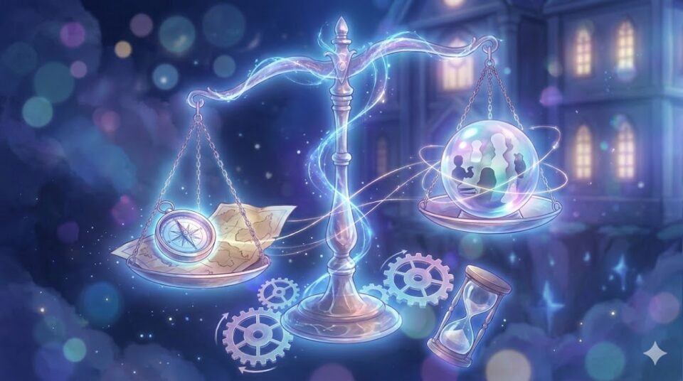 学校の夢占い 原因と対象 幻想的なトワイライトに浮かぶ、原因を象徴する地図とコンパス