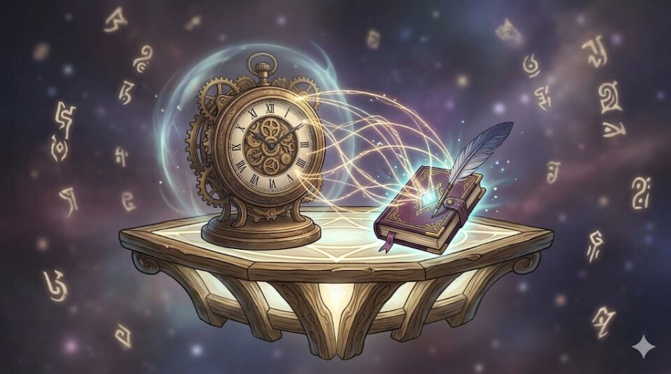 夢占い 上司に抱きしめられる夢 象徴 上司の特徴・関係性 大きな時計と小さなノートを結ぶ光の糸