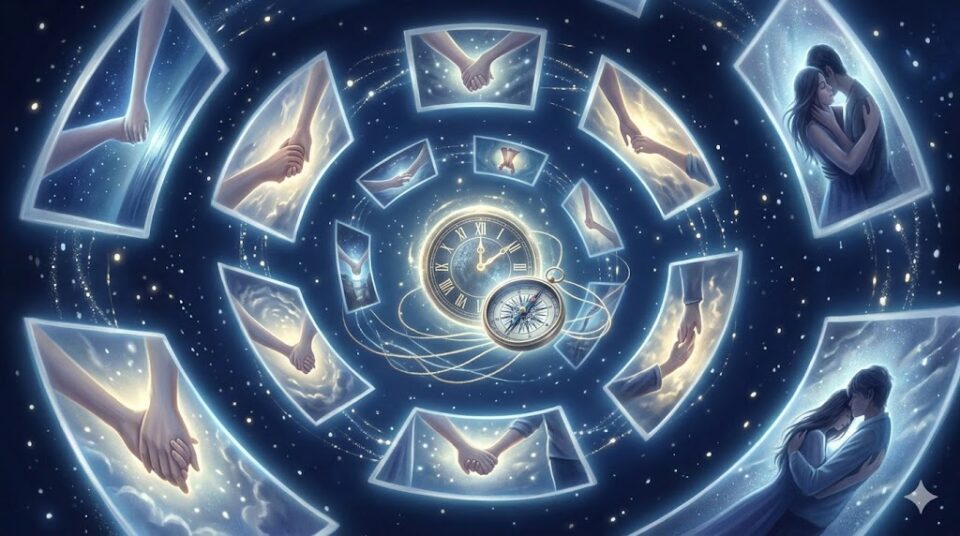 好きな人とくっつく夢 夢占い 螺旋状に連なる夢の断片(手が繋がる、抱き合う)と、光る時計、羅針盤。