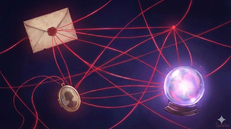 夢占い 付き合う夢原因 対象別 赤い糸で繋がれた手紙とロケットと水晶のイラスト