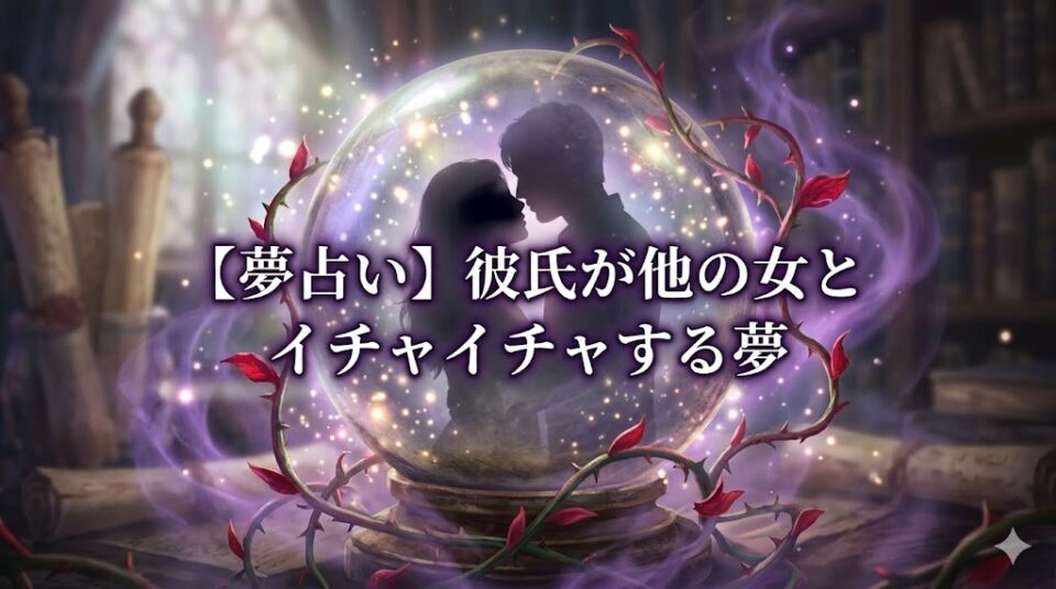 夢占い 水晶玉 イチャイチャ 他の女性 幻想的なデジタルアート 水晶玉の中でイチャイチャするシルエットと嫉妬の棘、不安の霧