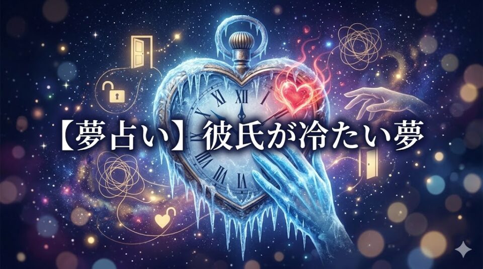 【夢占い】彼氏が冷たい夢 幻想的なデジタルアート 凍りついたアンティークの心臓と、それに触れる冷たい蒼い光の構図。タイトル文字入り。