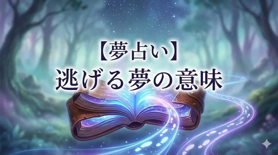 【夢占い】逃げる夢の意味 開かれた夢の古文書から分岐する光る足跡の幻想的なイラスト