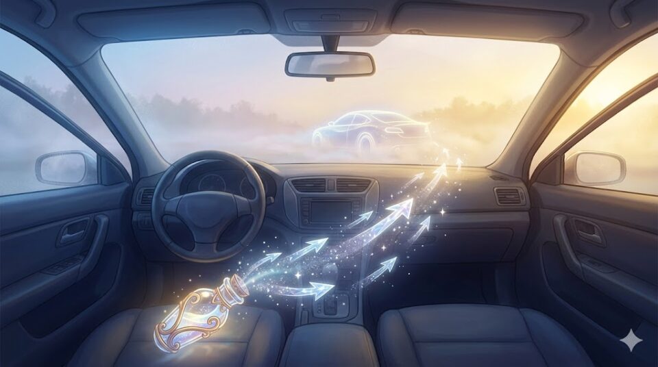 朝霧(モヤモヤ)の中、夢の車のシルエットが消えていく