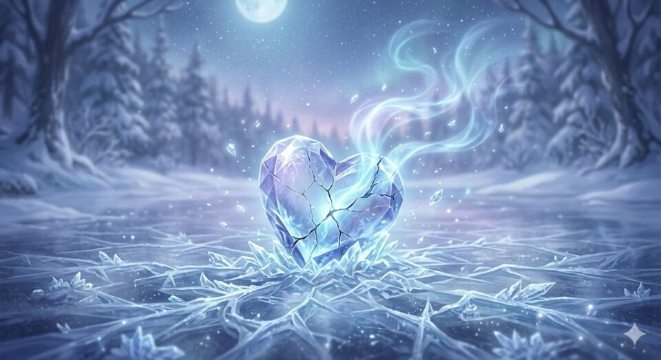 彼氏と別れる感情 凍てついた静寂な湖面に、割れたハートの形をしたクリスタル