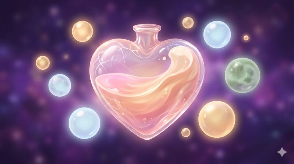 夢占い 感情を象徴するハート型のガラスの器と光のオーブ