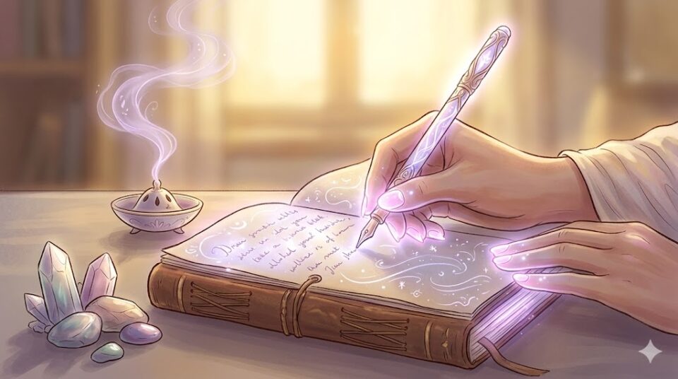 夢占い 好きな人と付き合う夢 具体的なアクションを象徴する、輝くペンで手帳に書き込む手元