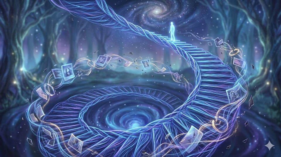 残酷な夢を何度も見てしまう背景をテーマにした、幻想的なイラスト。