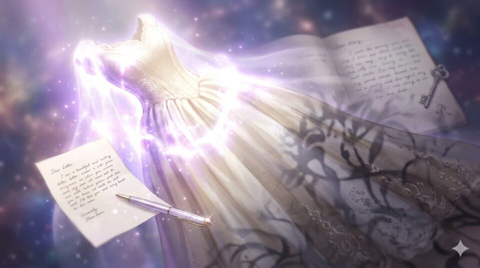 夢占い 結婚 感情 行動 喜びの光と不安の影が混ざり合う、白いウェディングドレスと手紙の幻想的な概念図