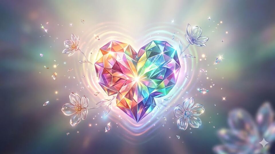 彼氏とキスした後の感情の余韻を象徴する、複雑に光り波紋を広げるクリスタルのイラスト