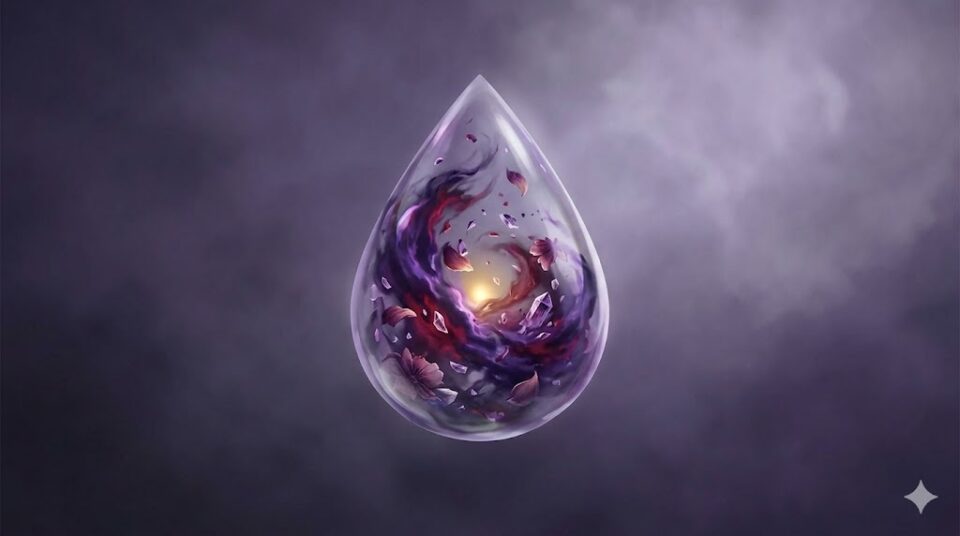 夢占い 彼氏に振られる夢 感情 悲しみ 混乱 浄化 涙のクリスタルの中に渦巻く感情の嵐のイラスト