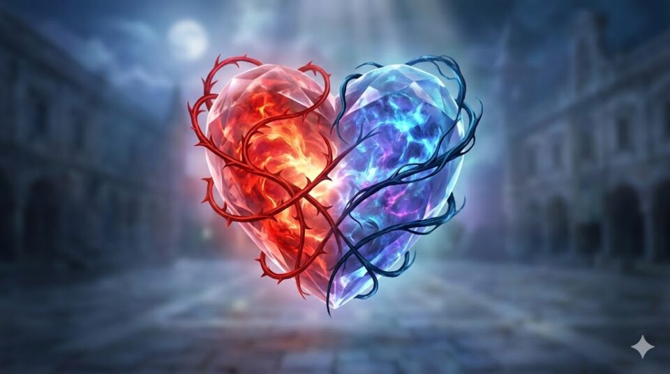 夢占い ハート 水晶 感情 対応 幻想的なデジタルアート 二つに割れた水晶のハートと溢れ出す赤と青の光、魔法の結界