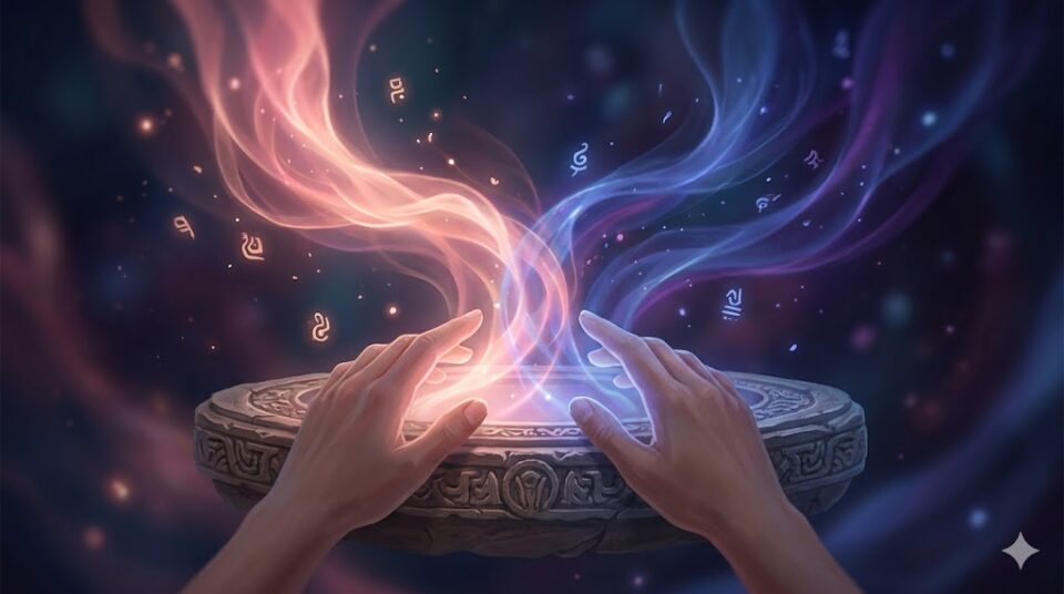 夢占い 上司と話す夢 象徴 雰囲気・感情 手元から温かい光と冷たい光が立ち上る感情の視覚化