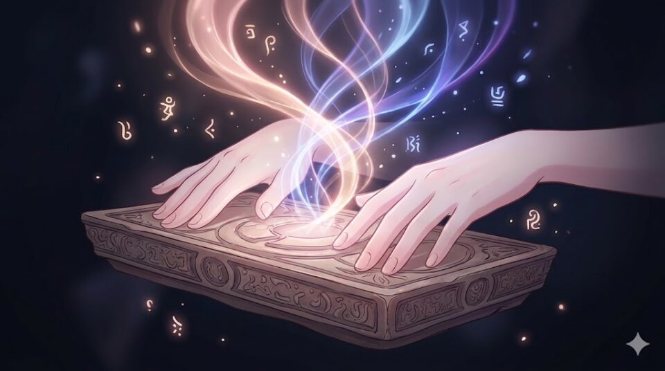 夢占い 上司に抱きしめられる夢 象徴 あなたの感情・反応 手元から温かい光と冷たい光が立ち上る概念図