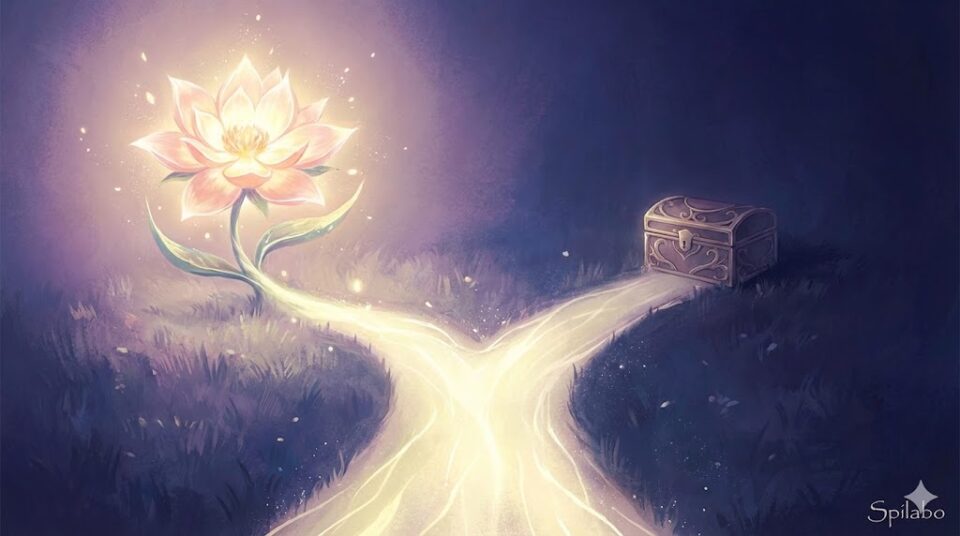 夢占い 付き合う夢結末別 光の道の分岐点と輝く花と閉じた箱のイラスト