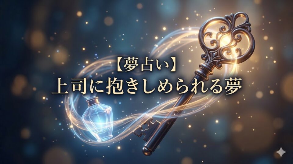 【夢占い】上司に抱きしめられる夢 幻想的な光の鍵と香水瓶のハグとタイトル文字のアイキャッチ