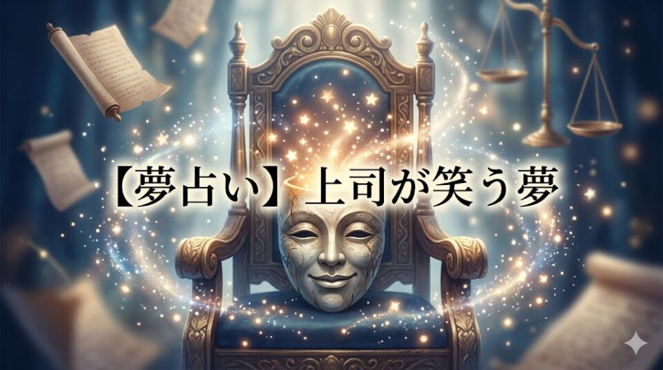 夢占い 上司が笑う夢 王座と仮面と輝く光の幻想的なイラストとタイトル文字のアイキャッチ