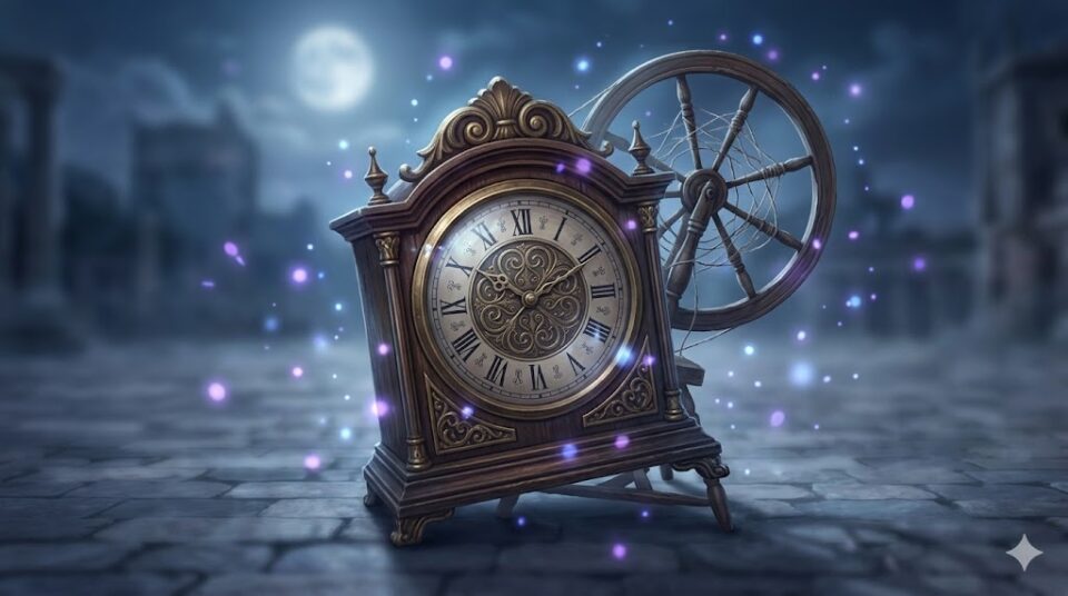 夢占い 時計 糸車 繰り返し 夢 背景 幻想的なデジタルアート 夜空の下の古代の時計と絡み合った古い糸車、渦巻く光