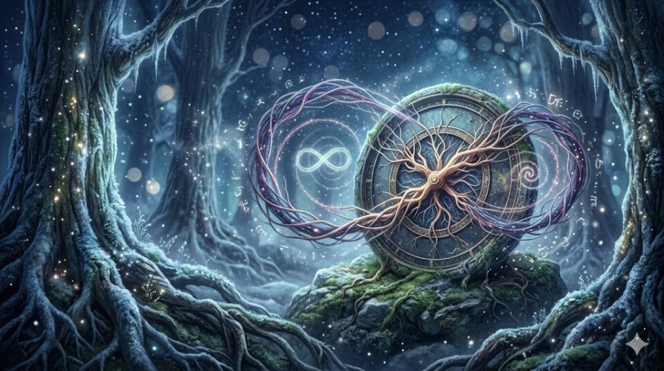 夢占い 彼氏 冷たい夢 何度も見る 背景 繰り返される夢のループを象徴する、終わりのない時計と古の森のイラスト。